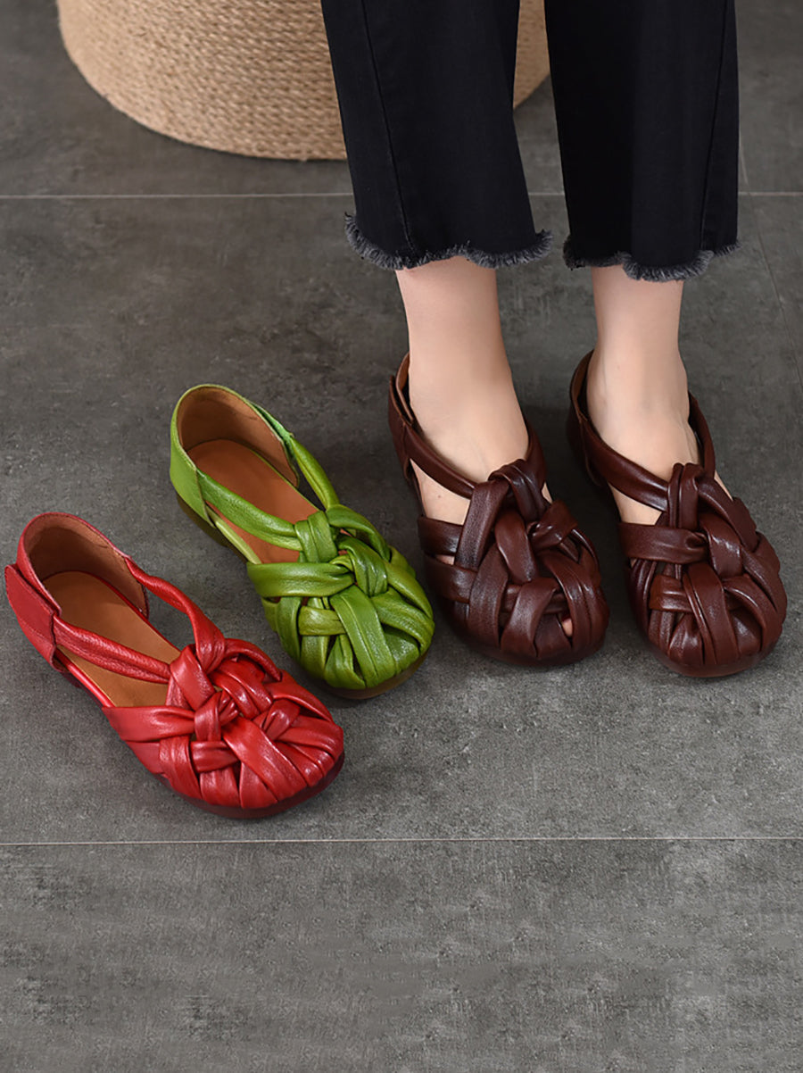 Sommer Leder Flache Retro Frauen Weben Echte Schuhe