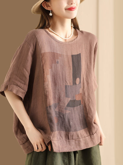 Women Casual  Summer Print O-Neck Linen Shirt WE1028