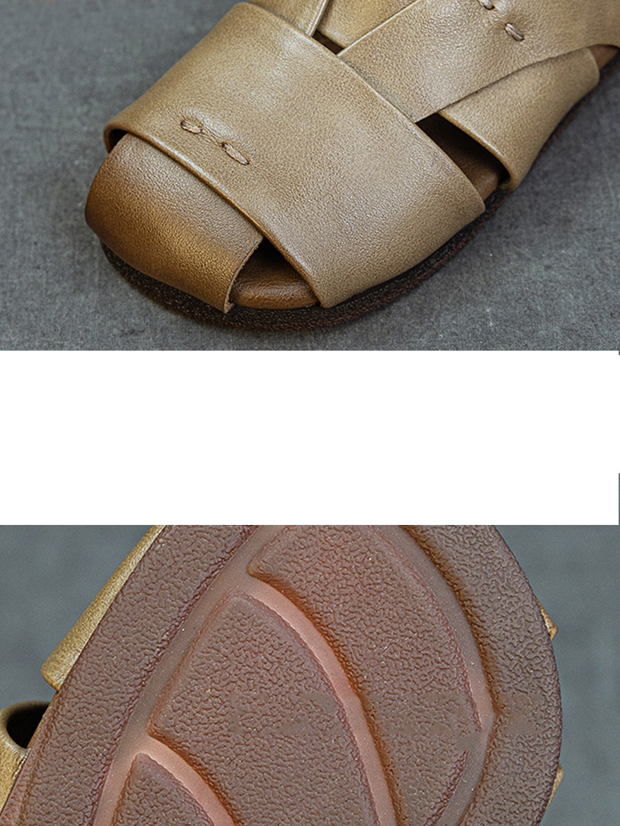 Sandales plates vintage en cuir véritable pour femmes