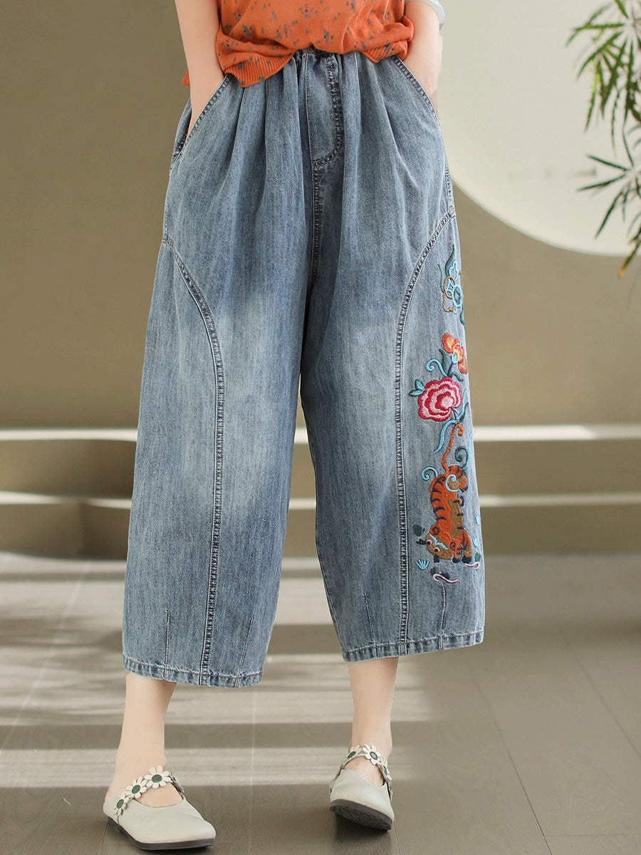 Pantalon sarouel en denim avec broderie florale artistique pour femme AS1006