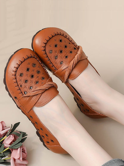 Women Vintage Leather Cutout Spliced Low Heel Shoes RR1047