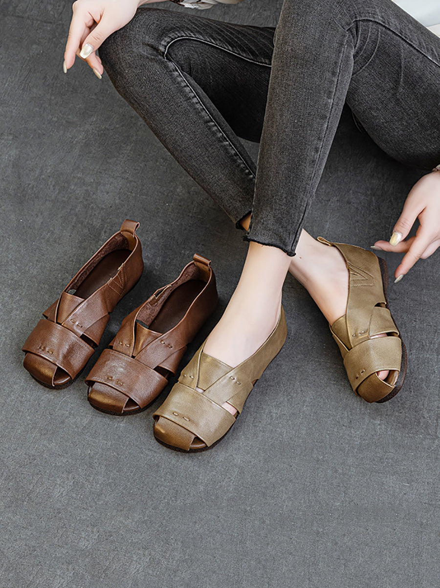 Sandales plates vintage en cuir véritable pour femmes
