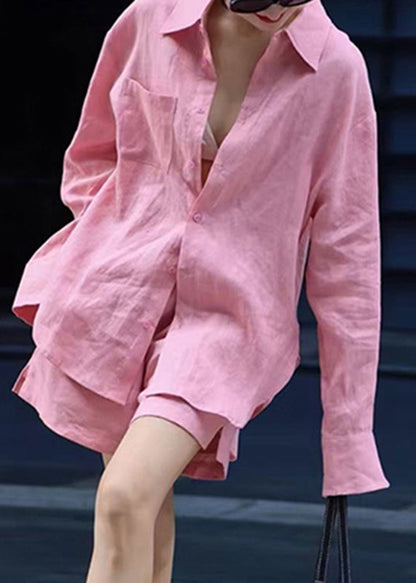 Modern Pink Button Shirts And shorts Two Pieces Set Fall AN1017