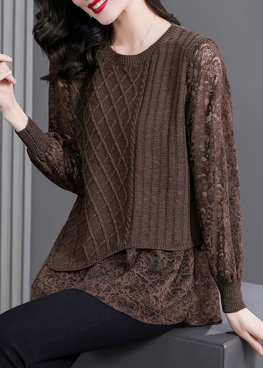 Women Coffee O-Neck Knit Patchwork Fake Two Pieces Top Fall WD029