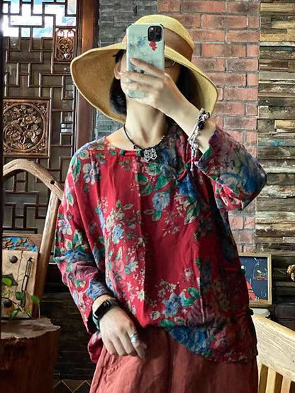 Women Ethnic Floral Loose 100%Cotton Shirt AA1032