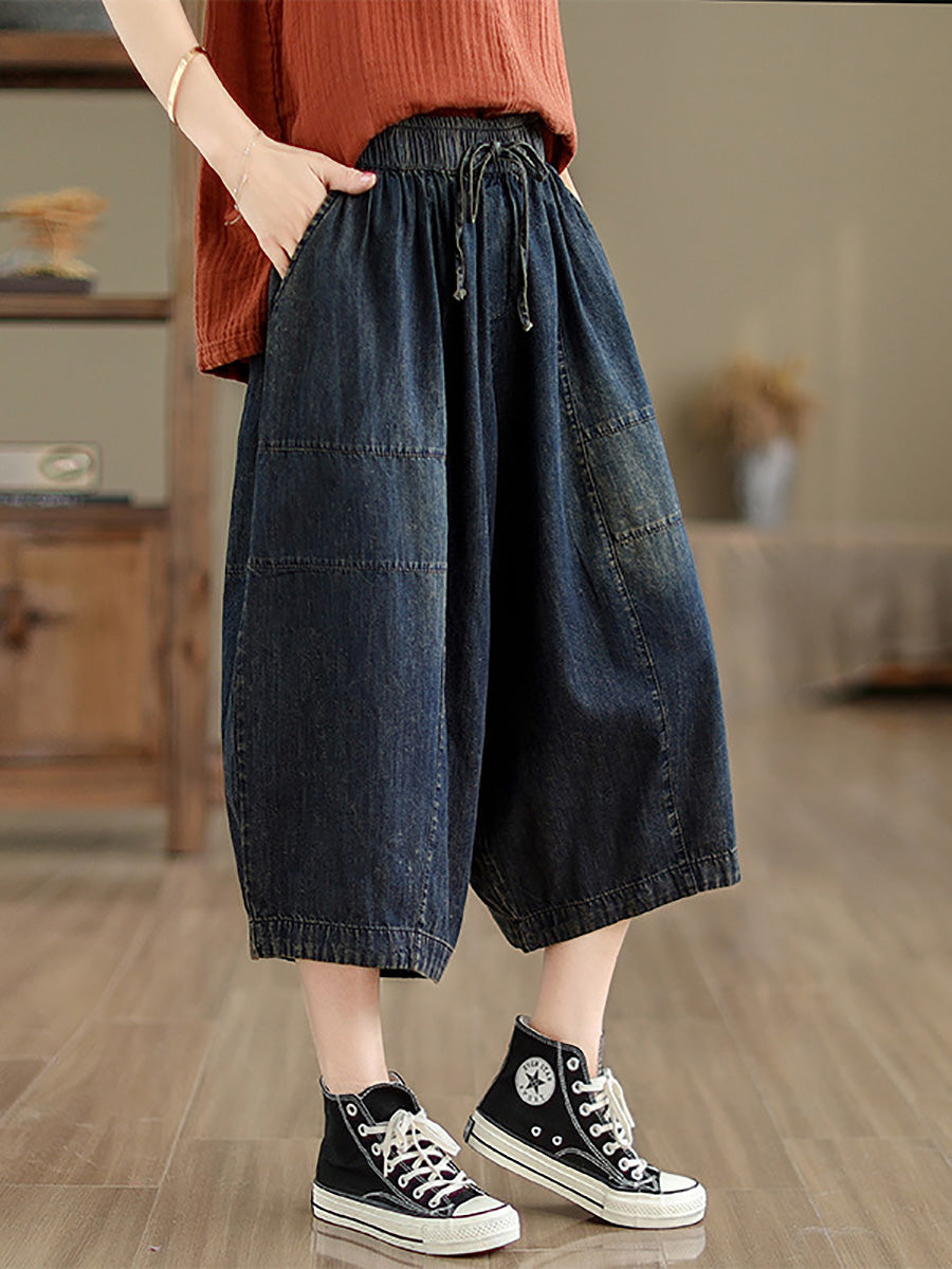 Women Summer Casual Solid Denim Spliced Wide-leg Pants PP1002