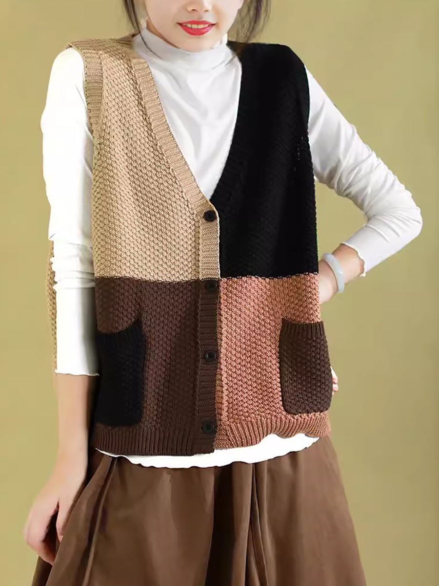 Women Autumn Colorblock Knitted V-Neck Vest CV1029