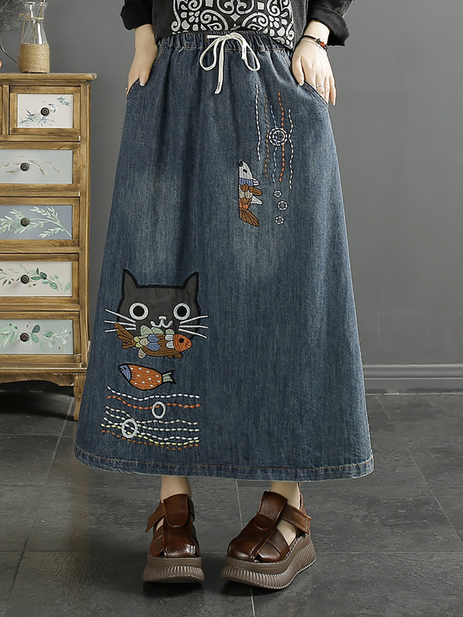 Frauen Sommer Casual Katze Fisch Stickerei Denim Rock KL1008 