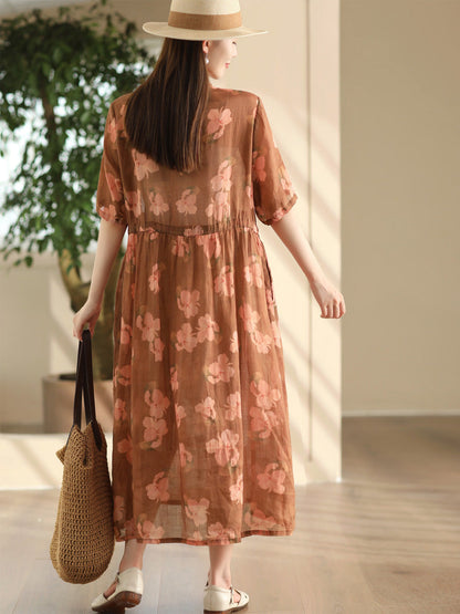 Women Summer Flower Shirred Artsy Strap Waist Dress RR023