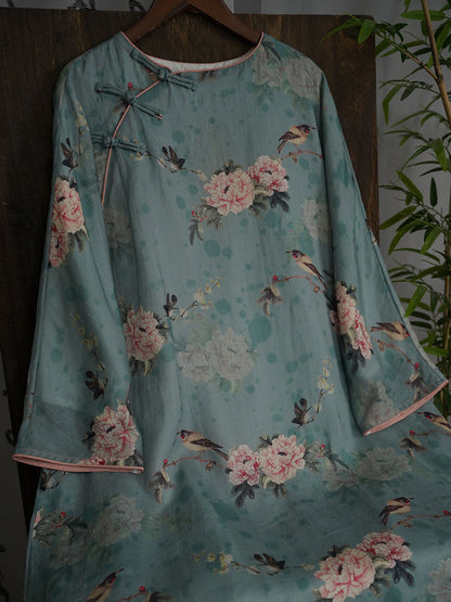 Women Autumn Vintage Flower Ramie Blue  Robe Dress AX1004