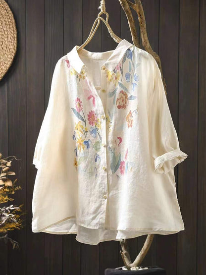 Women Artsy Summer Flower Print Ramie Blouse PA1033