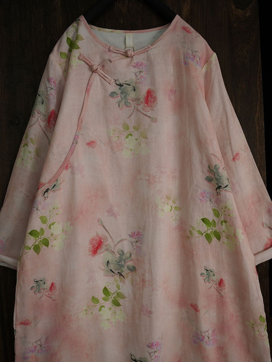 Robe d'été à imprimé floral artistique en ramie à double épaisseur pour femme PA1014