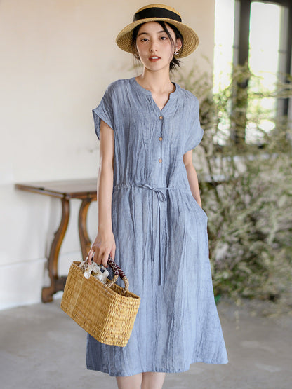 Women Summer Vintage Solid Strap Wrist Linen Dress OO1011