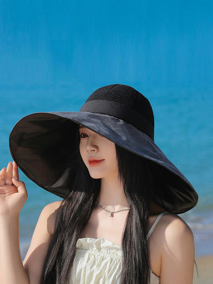 Women Summer Travel Large Brim Sunproof Spliced Hat QW1036