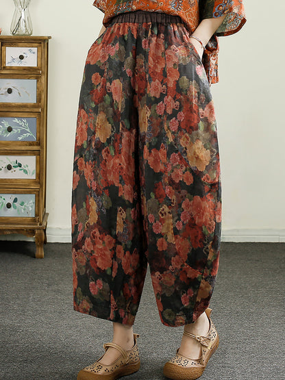 Women Summer Retro Floral Print Ramie Harem Pants CX052