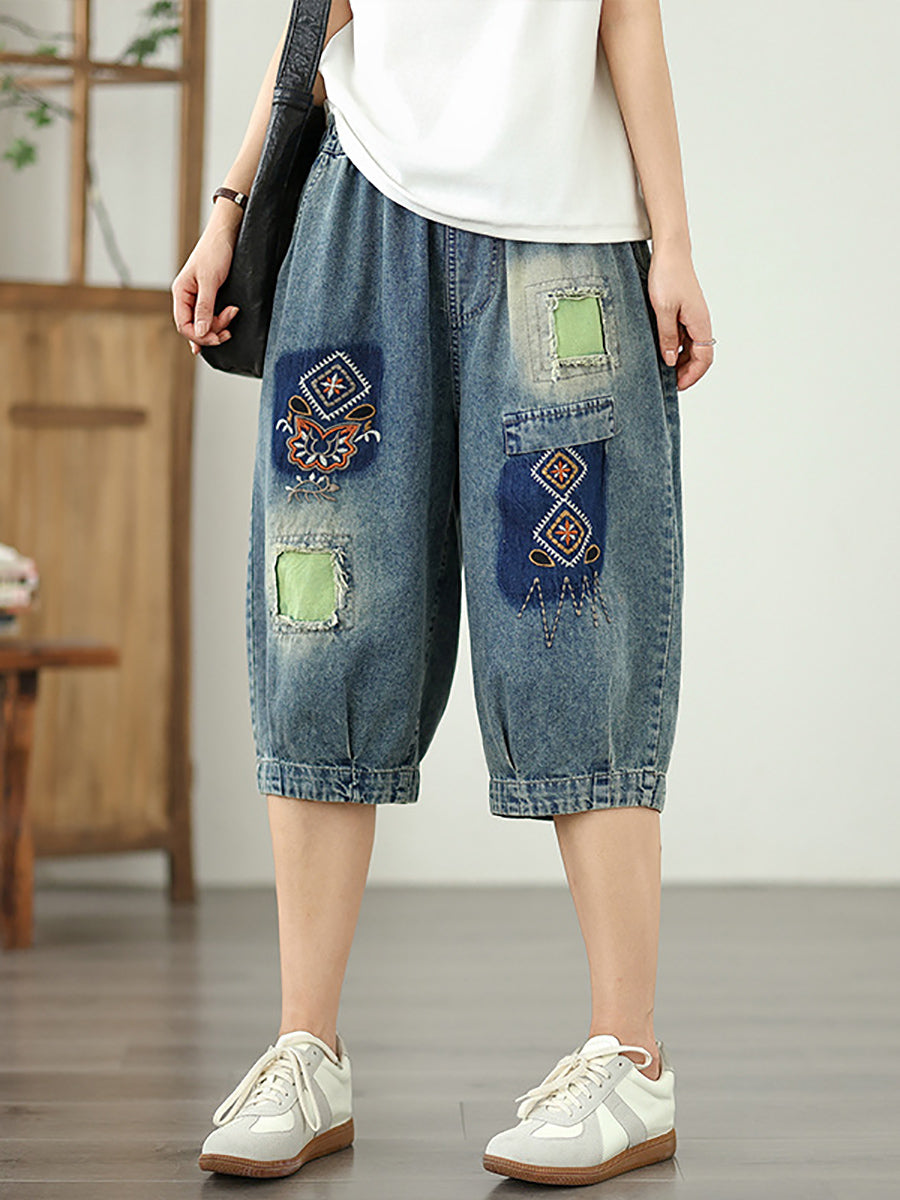 Denim Blume Retro Stickerei Fünfte Frauen Hosen Patchwork 