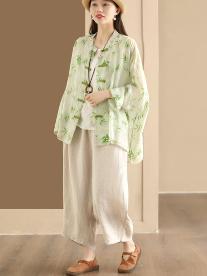 Women Summer Artsy Flower Button-Up Ramie Shirt HH016