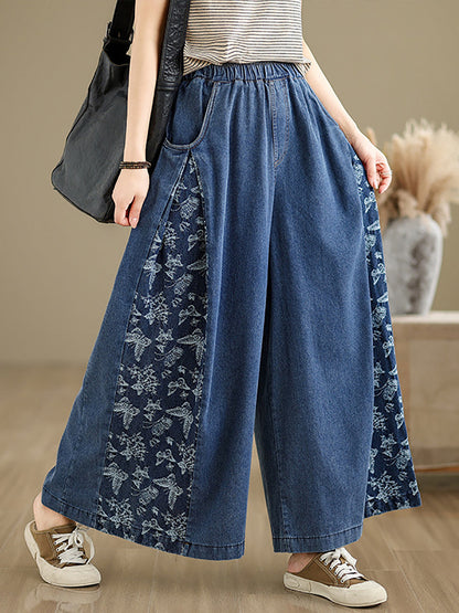 Women Vintage Summer Butterfly Spliced Wide-leg Denim Pants KL1037