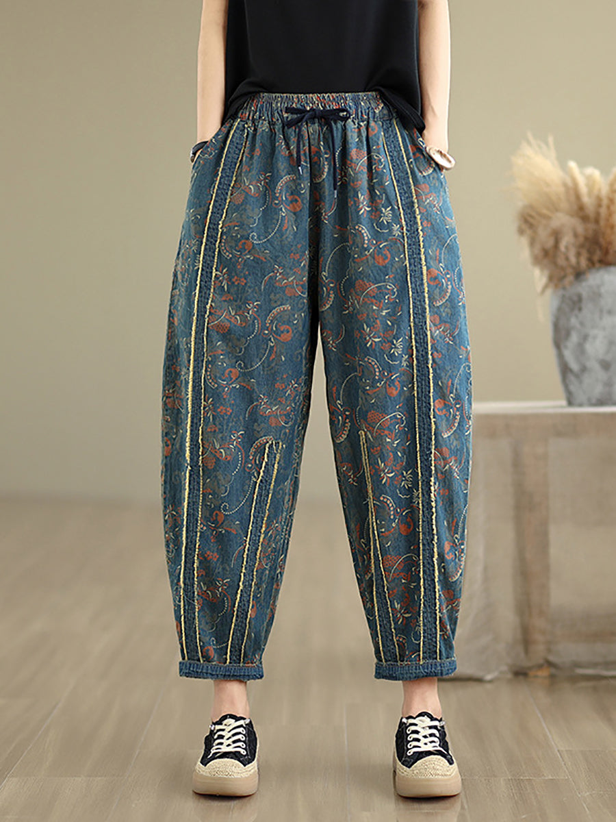 Denim Patchwork Hosen Harem Frauen Retro Blume 
