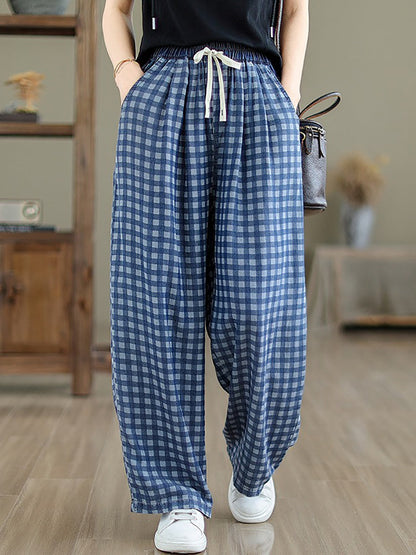 Women Summer Casual Plaid Wide-leg Cotton Pants OP1028