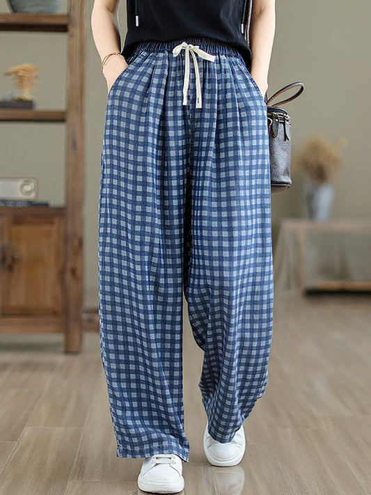 Women Summer Casual Plaid Wide-leg Cotton Pants OP1028