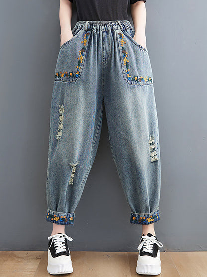 Women Artsy Embroidery Frayed Denim Harem Pants FD006