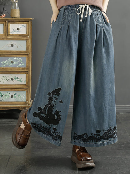 Women Ethnic Phoenix Embroidery Wide-leg Denim Pants KL1009