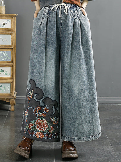 Women Summer Vintage Embroidery Denim Wide-leg Pants AA1039