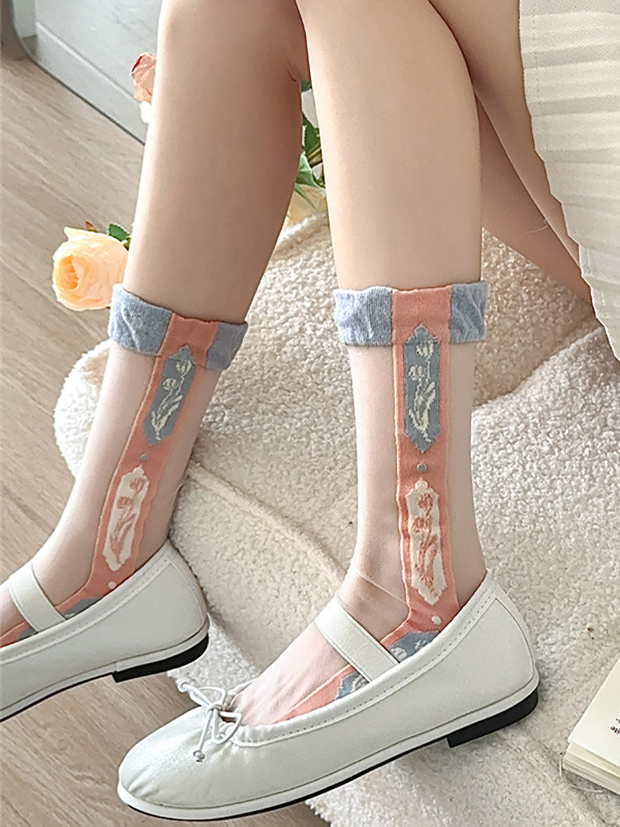 3 Pairs Women Artsy Flower Jacquard Long Socks FD029