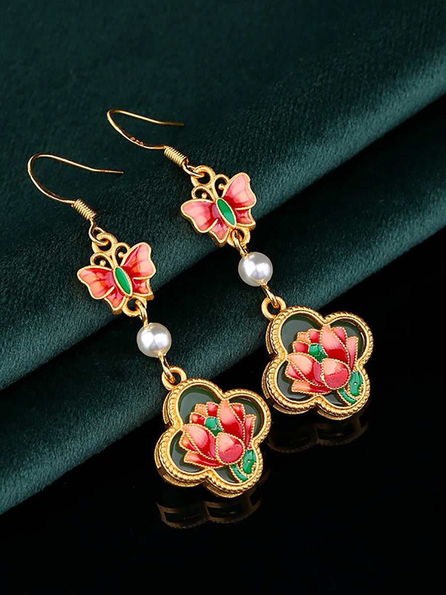 Boucles d'oreilles vintage en émail et perles pour femme, motif papillon et fleur, AH1086