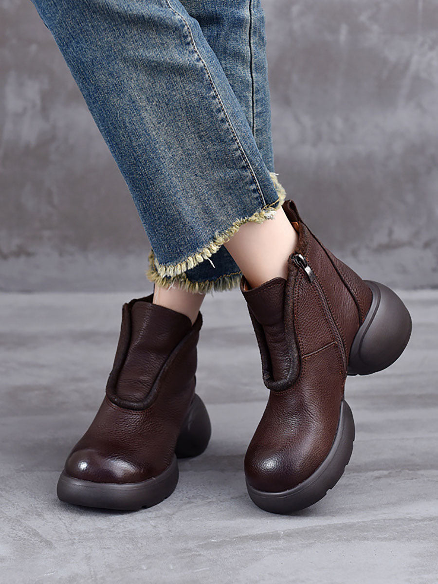 Women Winter Casual Solid Leather Zipper Platform Boots BA1023