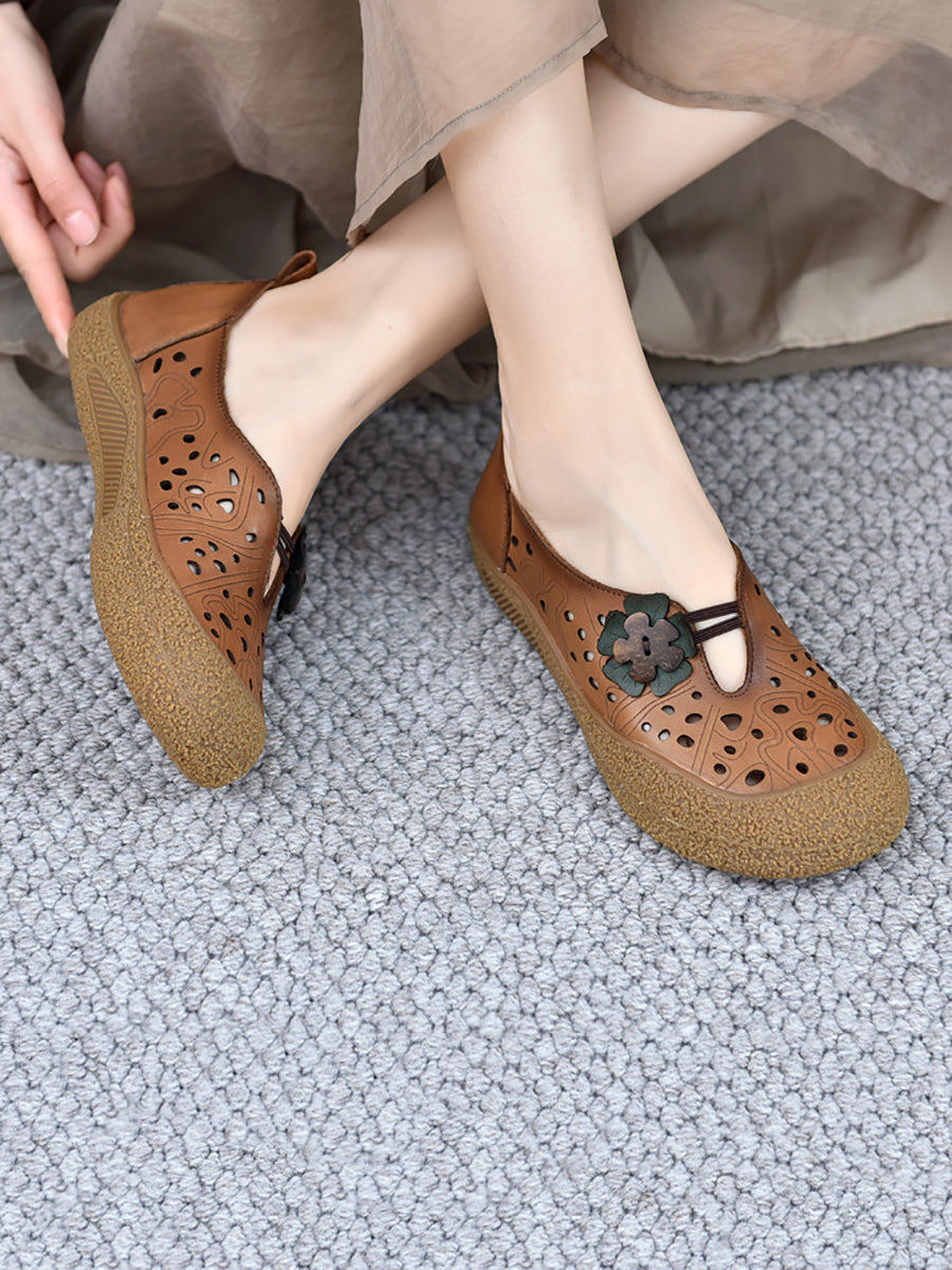 Women Summer Leather Cutout Flower Flat Shoes SC1060