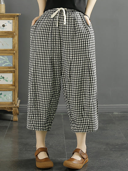 Plus Size Women Casual Summer Plaid Cotton Pants XX1032