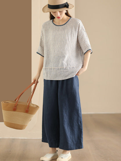 Women Summer Vintage Stripe Spliced Linen Shirt CV1052