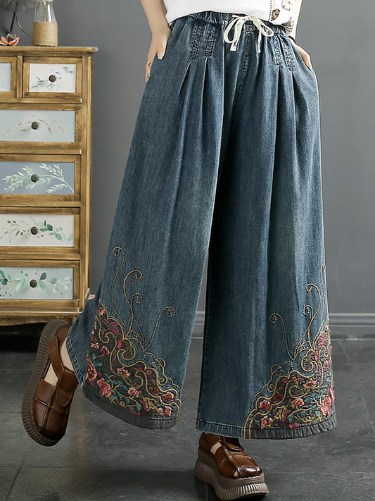 Women Vintage Summer Embroidery Wide-leg Denim Pants KL1007