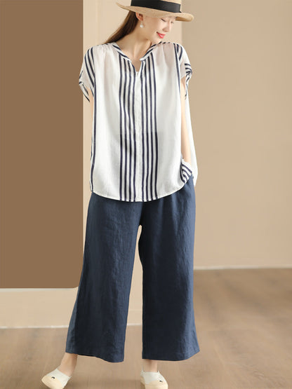 Women Summer Artsy Stripe V-Neck Thin Linen Shirt CV1053