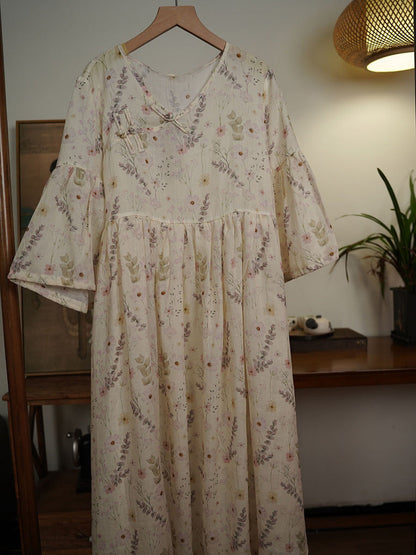 Women Summer Ethnic Floral V-Neck Buckle Ramie Dress TY1007