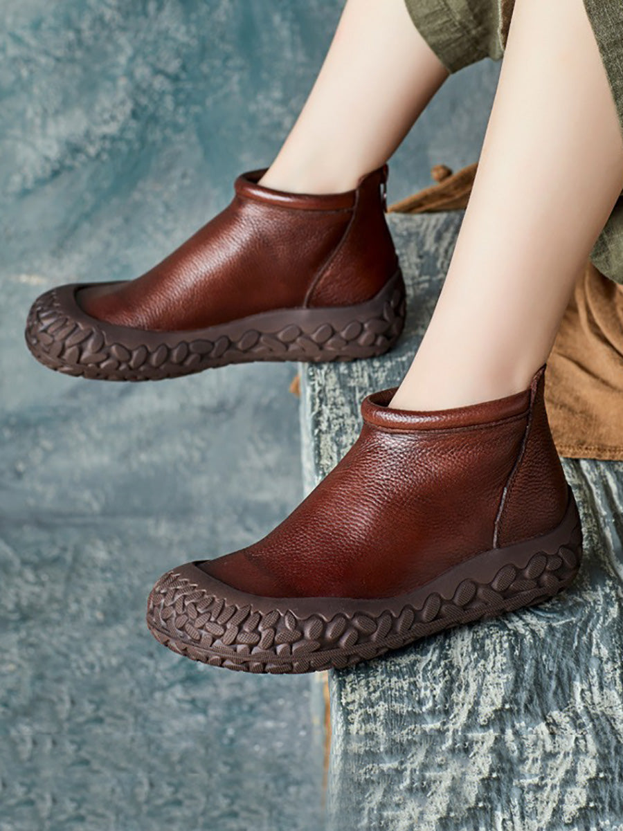 Women Autumn Casual Pure Color Leather Zipper Flat Boots AH1043