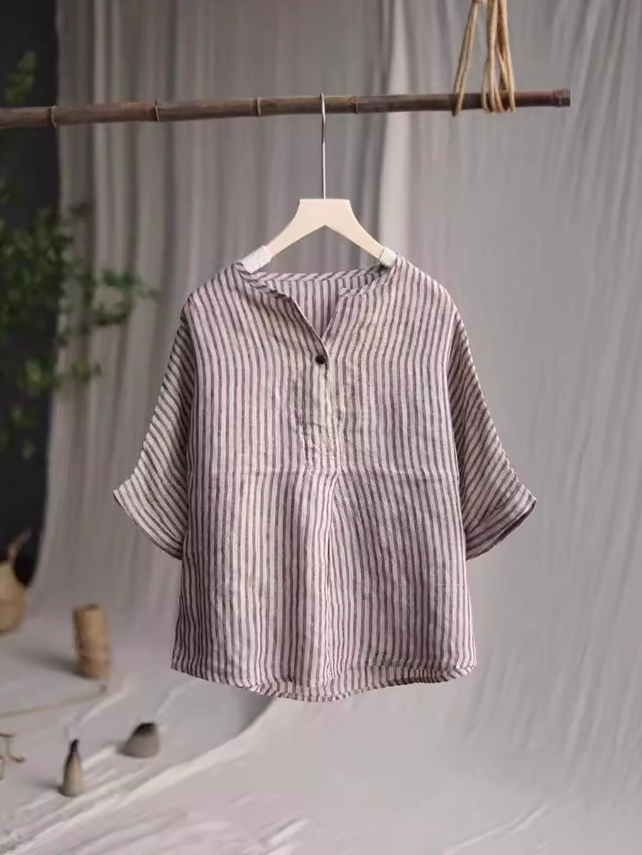 Women Casual Stripe Summer Linen V-Neck Shirt PA1001
