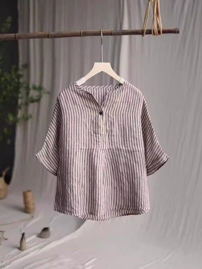 Women Casual Stripe Summer Linen V-Neck Shirt PA1001