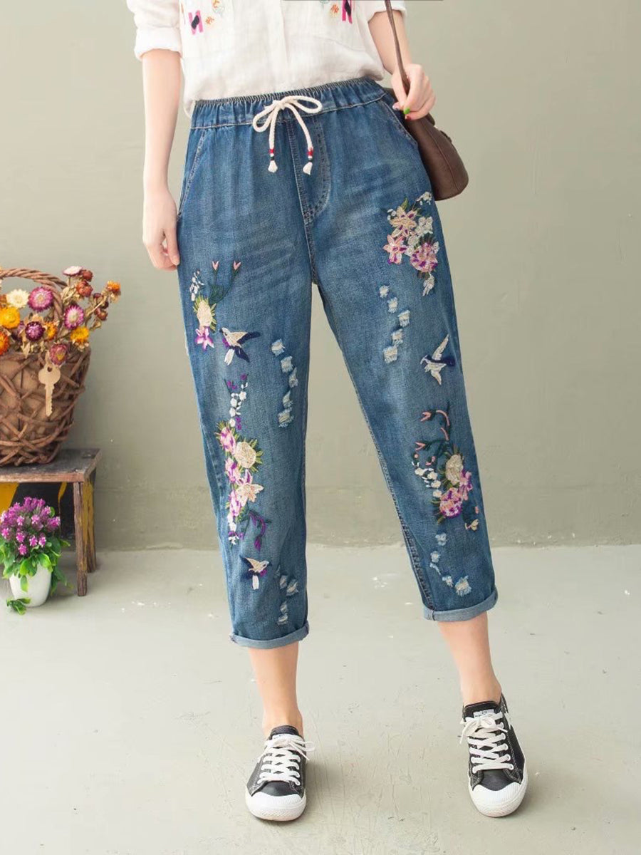 Women Summer Casual Flower Embroidery Denim Harem Pants IO1022