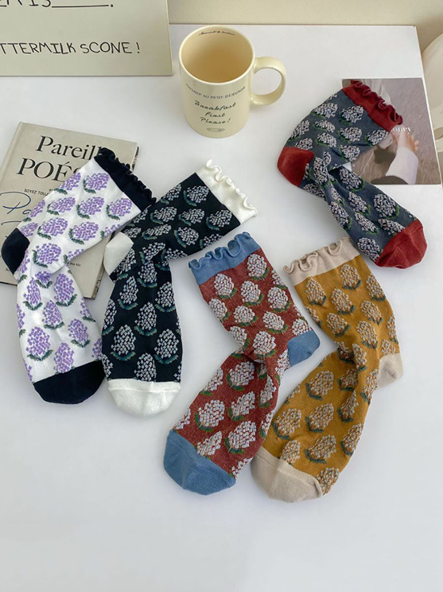 Lot de 5 paires de chaussettes en coton à imprimé floral artistique pour femme AV1043