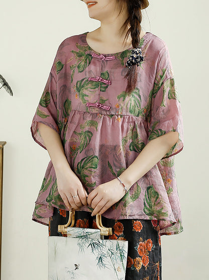 Women Summer Ethnic Flower Buckle O-Neck Ramie Shirt CX055