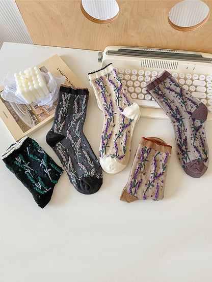 5 Pairs Women Flower Jacquard Colorblock Cotton Socks AH1024