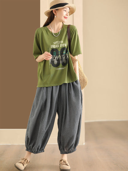 Women Summer Vintage Plaid Cotton Harem Pants ZZ1046