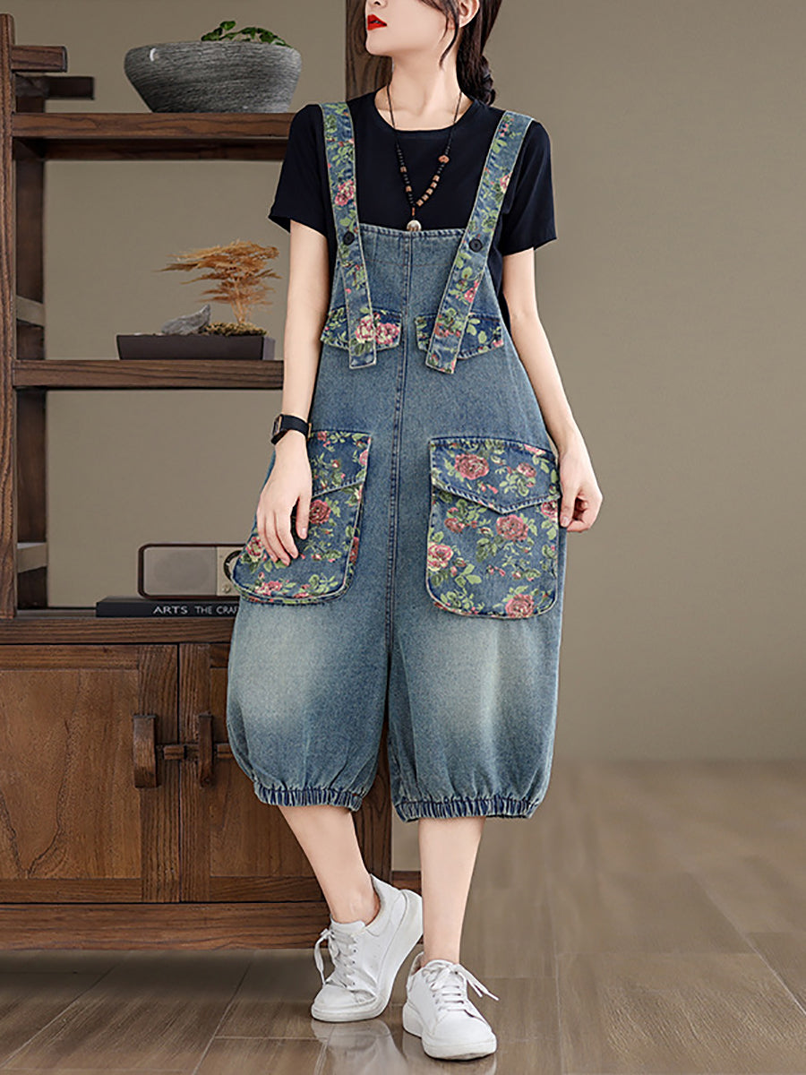 Women Summer Retro Flower Spliced Denim Jumpsuits BN1030