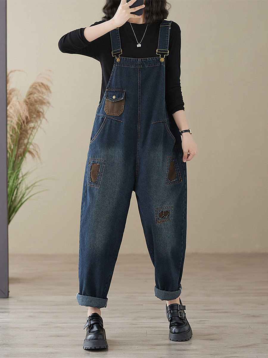 Women Autumn Retro Patchwork Denim Pocket Jumpsuits AI1048