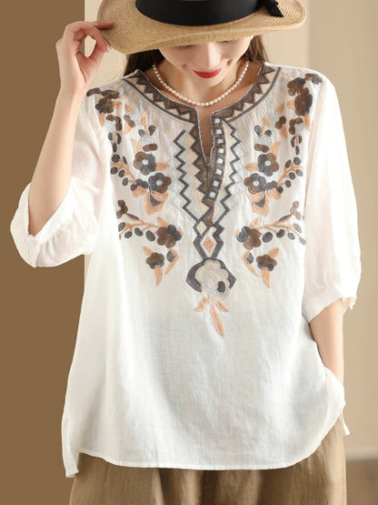 Women Summer Ethnic Flower Embroidery Ramie Shirt BN1009