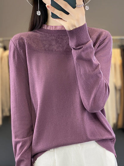 Women Autumn Lacework Neck 100%Wool Loose Sweater QM020