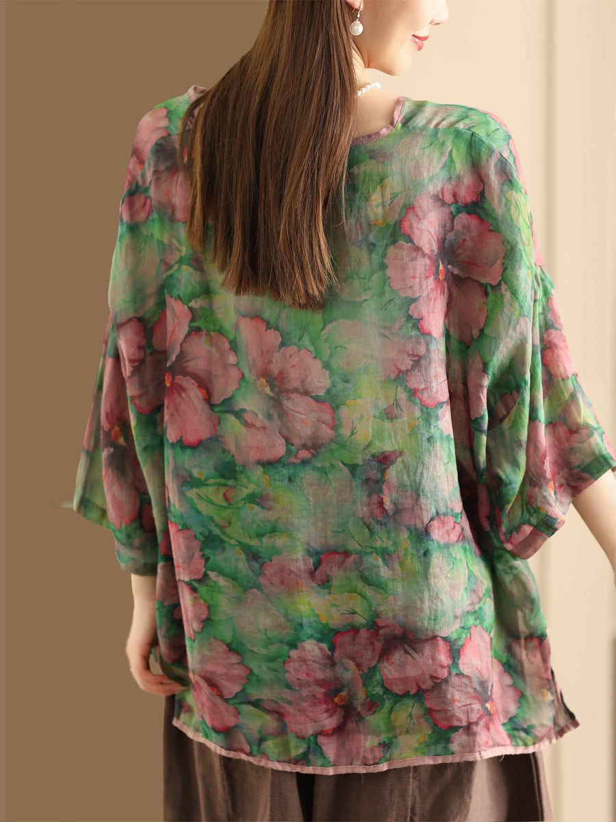 Chemise d'été en lin à col en V et motif floral vintage pour femme XX1014